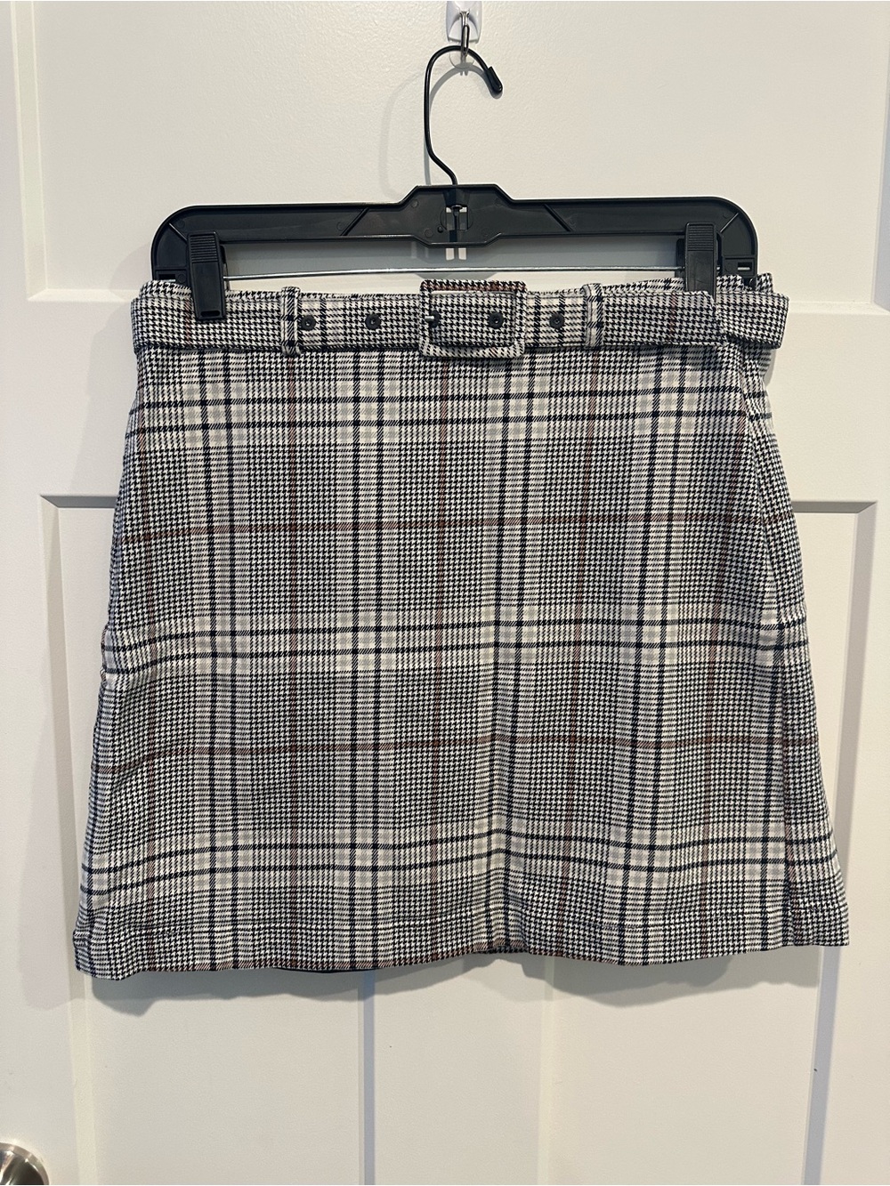 LOFT Black & White Plaid Belted Mini Skirt